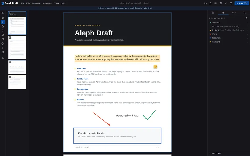 Aleph Draft with a PDF open, showing a highlight, a sticky note, an arrow and a callout box.