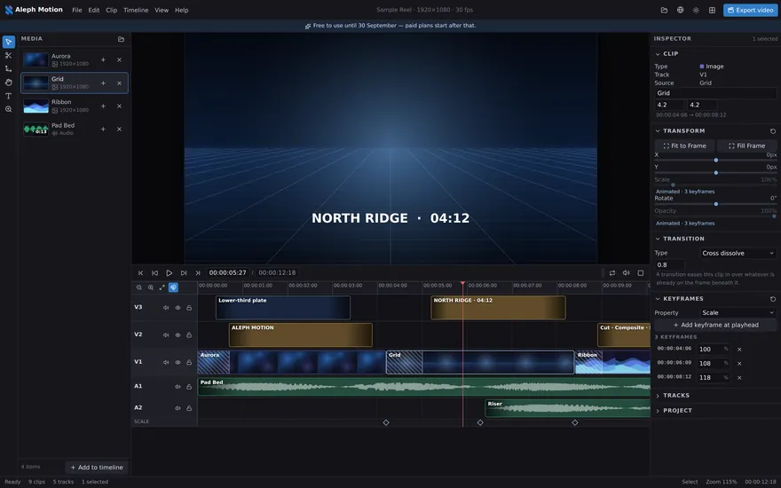Aleph Motion with a five-track timeline, clip thumbnails, audio waveforms and keyframes in the scale lane.