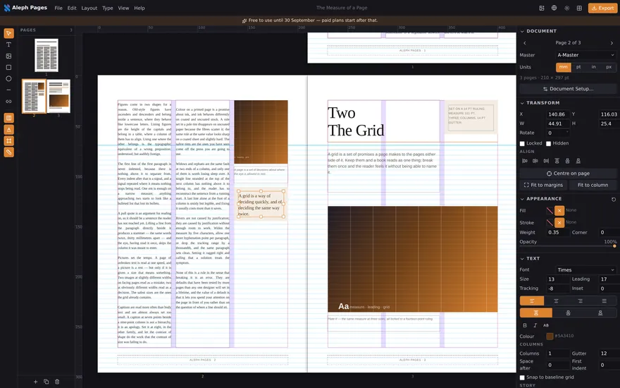 Aleph Pages showing a typeset facing spread with column guides, margins and a baseline grid.