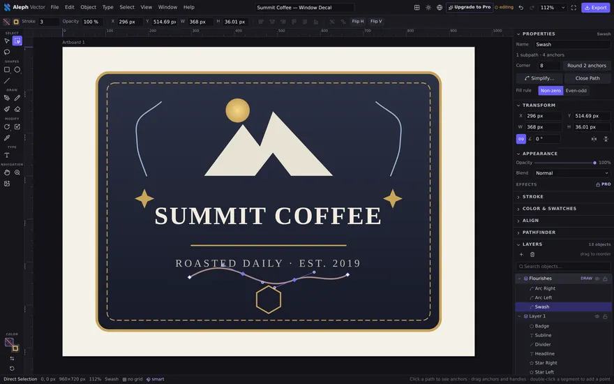 Aleph Vector editing a decal design, with bezier anchors and handles visible on a selected path.